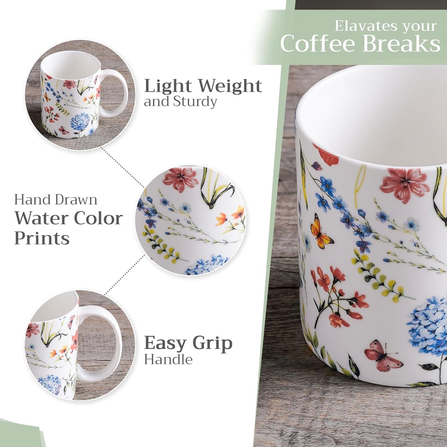 Maison d' Hermine Coffee Mug with Handles Fine Bone China Mugs Pack of One Tea Cups for Hot Beverages Cappuccino Latte Home Restaurant Office Perfect for Gift (Just Floral - Poppies Always, 15 Ounce)
