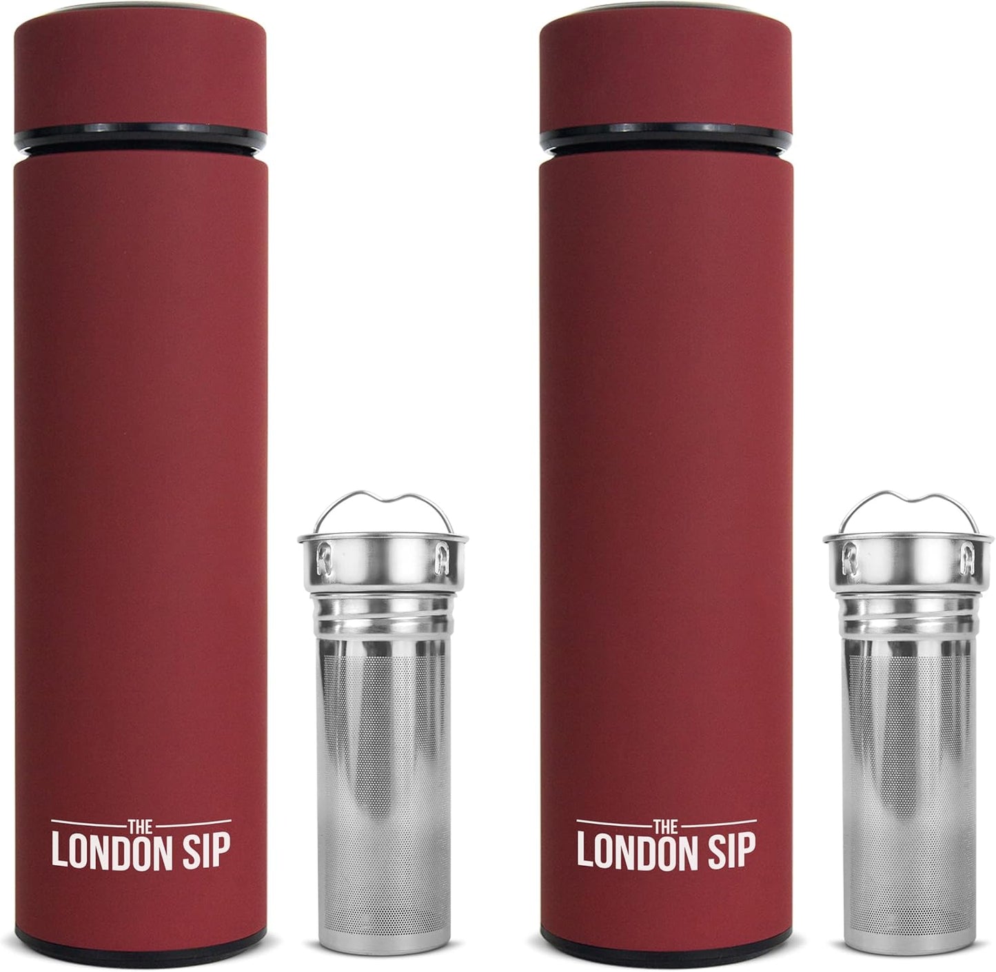 London Sip Multi-Purpose Travel Mug and Tumbler Fruit Infused Flask Hot and Cold Double Wall Stainless Steel Thermos with Extra-Long Infuser, Sacred Red, Pack of 2