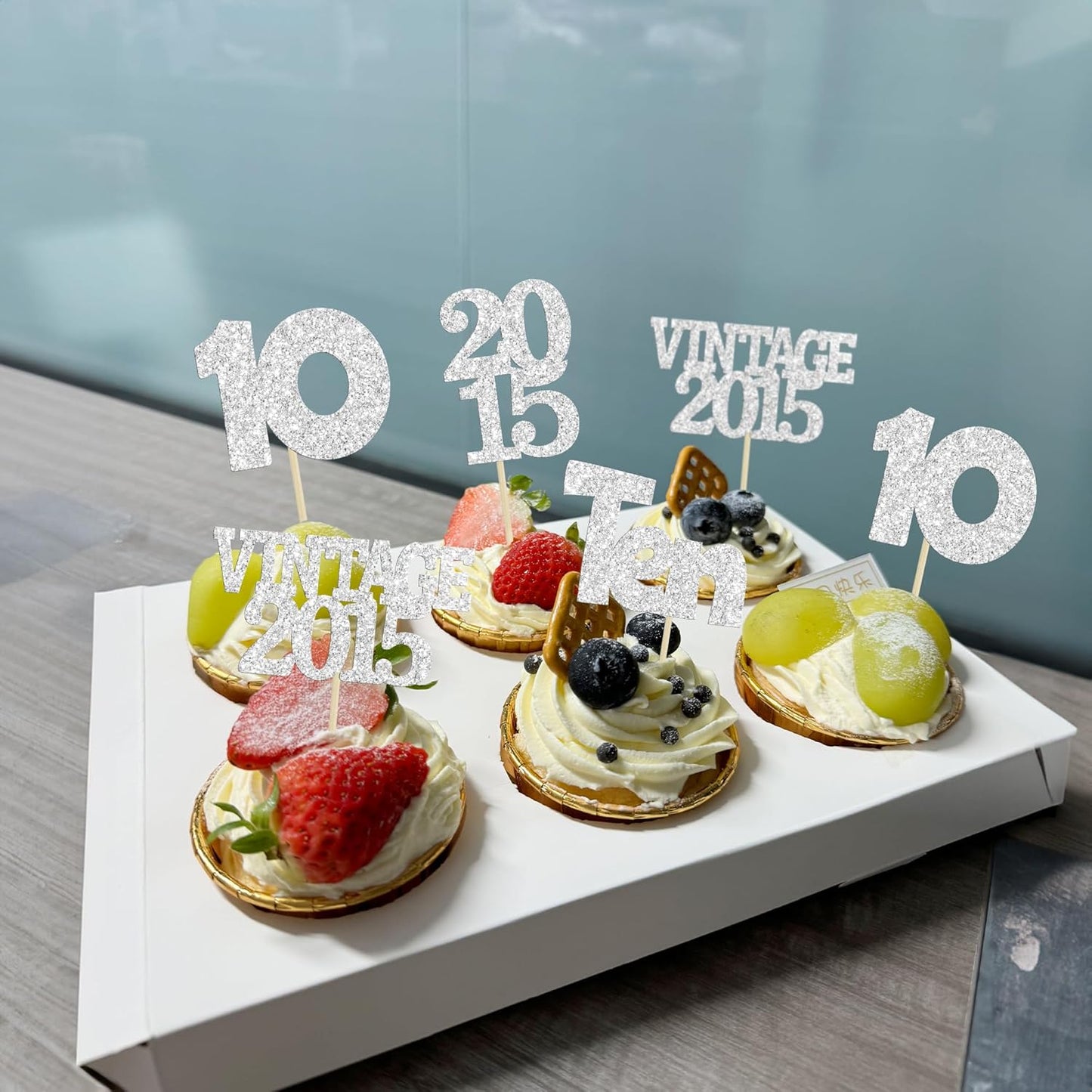 Gyufise 24Pcs 10th Birthday Cupcake Toppers Glitter Ten Vintage 2015 Hello 10 Years Birthday 10 Cupcake Picks Double Digits Cake Decorations for Happy 10th Birthday Anniversary Party Supplies Silver