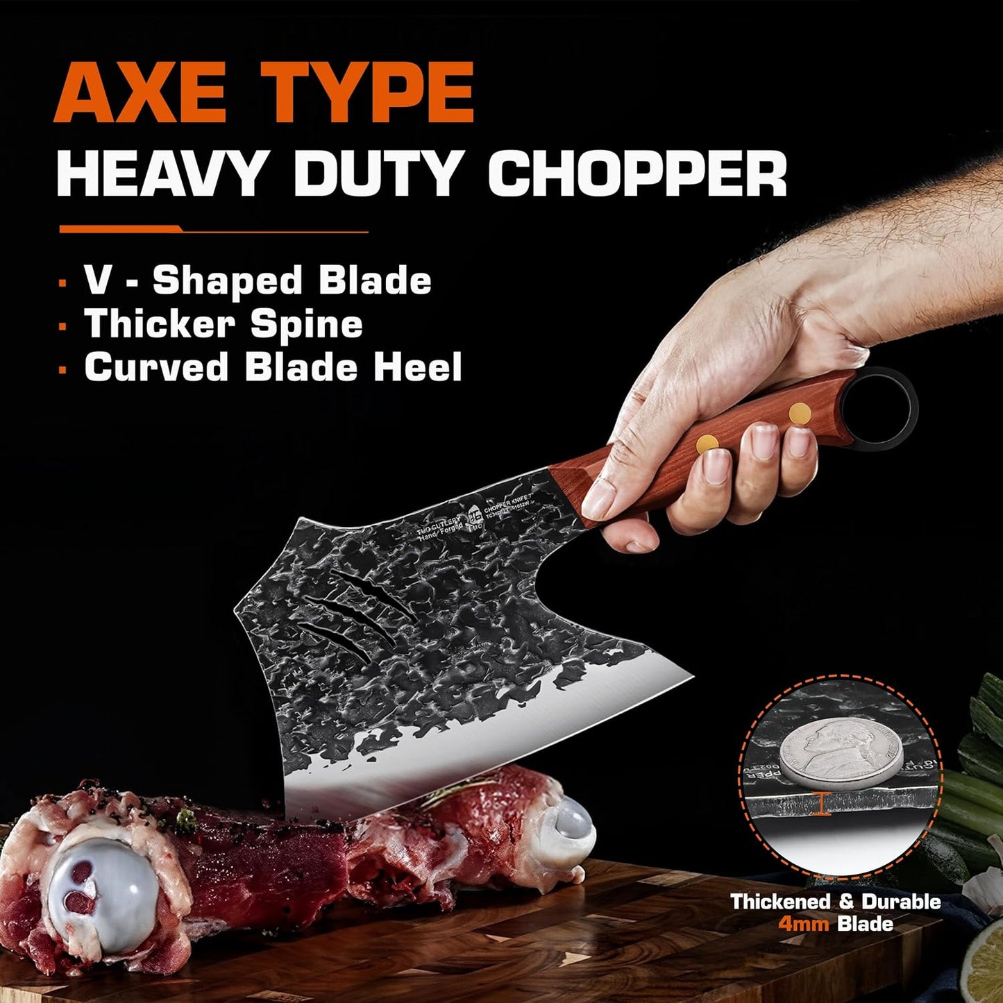 TUO Wild Forged Meat & Bone Cleaver Knife, 7 inch Heavy Duty Butcher Knife with Sheath, Bone Cutter for Meat Cutting, Kitchen Outdoor Cooking, Gift - Red Sandalwood Handle