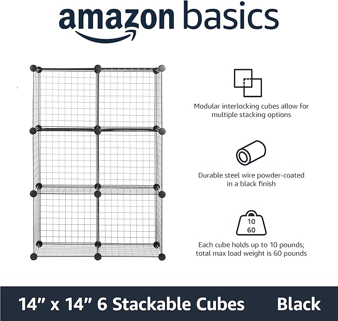Amazon Basics 6 Cube Wire Grid Storage Organizer, Stackable Cubes, Cubby - Image 3