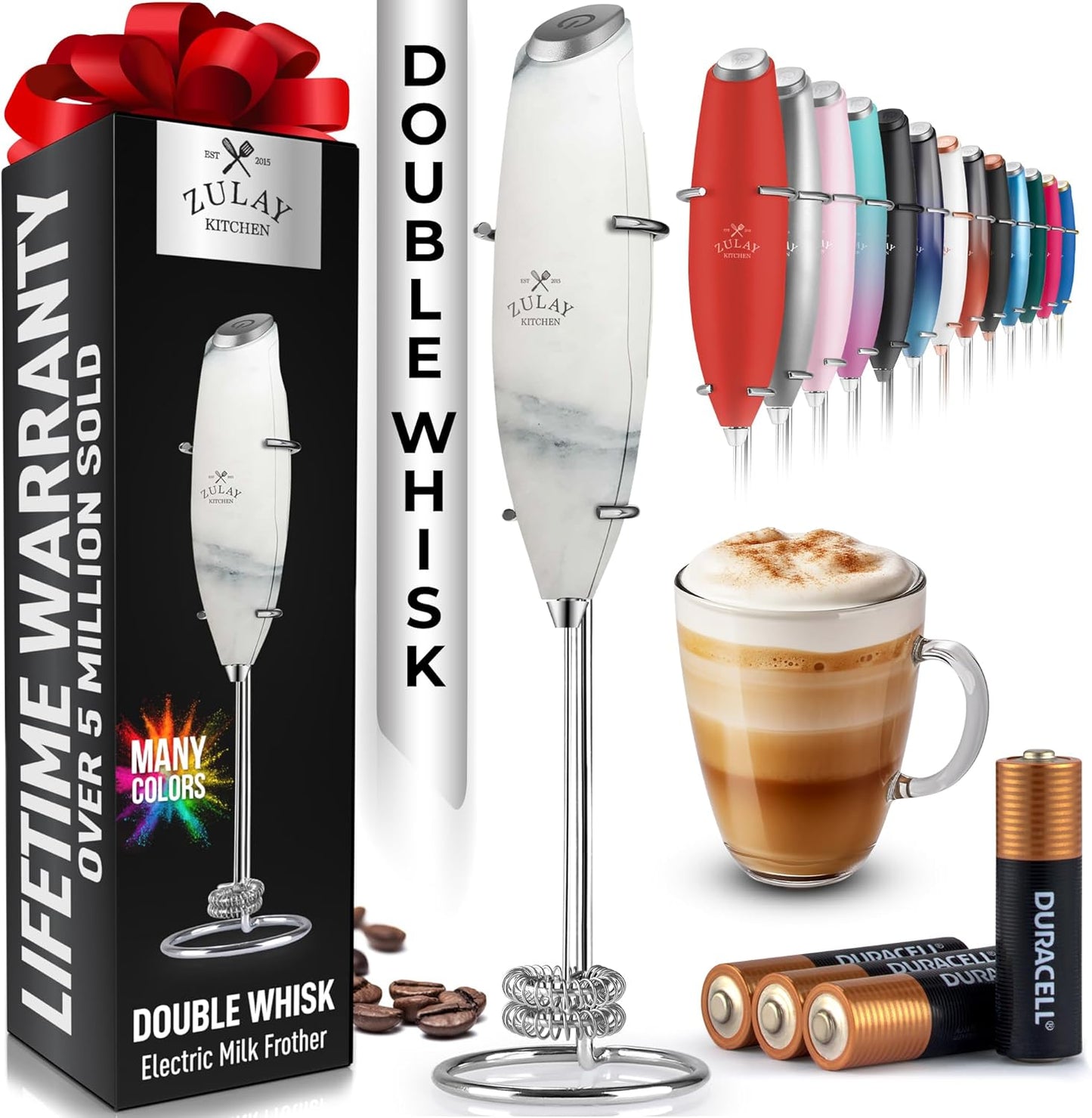 Zulay Kitchen Whisk Milk Frother with 4 Duracell Batteries - Powerful Handheld Foam Maker for Coffee, Lattes, Matcha, Hot Chocolate & Cappuccinos - Whip Creamy Froth in Seconds