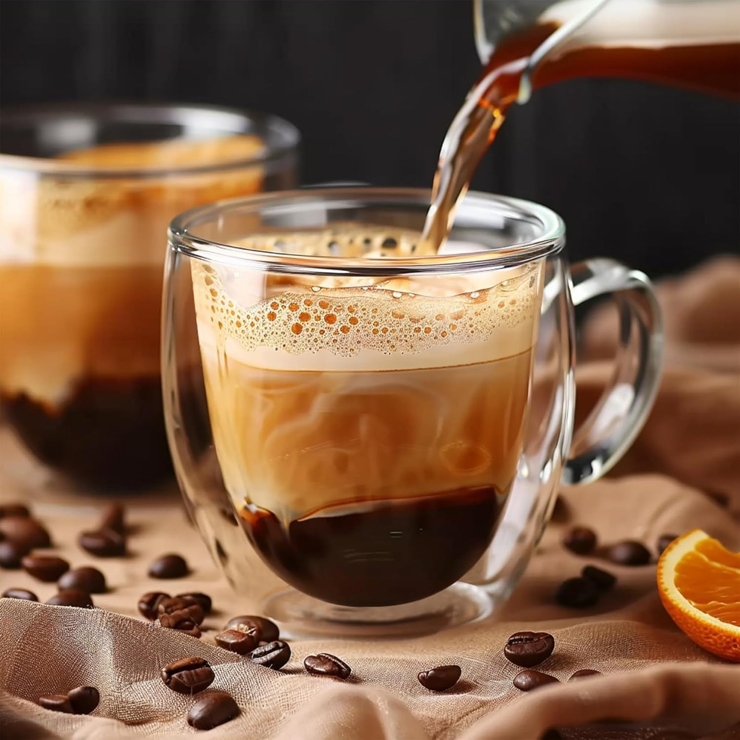 Set of 2 Double Walled Glass Coffee Mugs 6 Ounces Insulated Layer Coffee Cups with Handle Borosilicate Glass Espresso Cup for Hot Beverage,Cappuccino,Tea,Latte,Wine,Microwave Safe