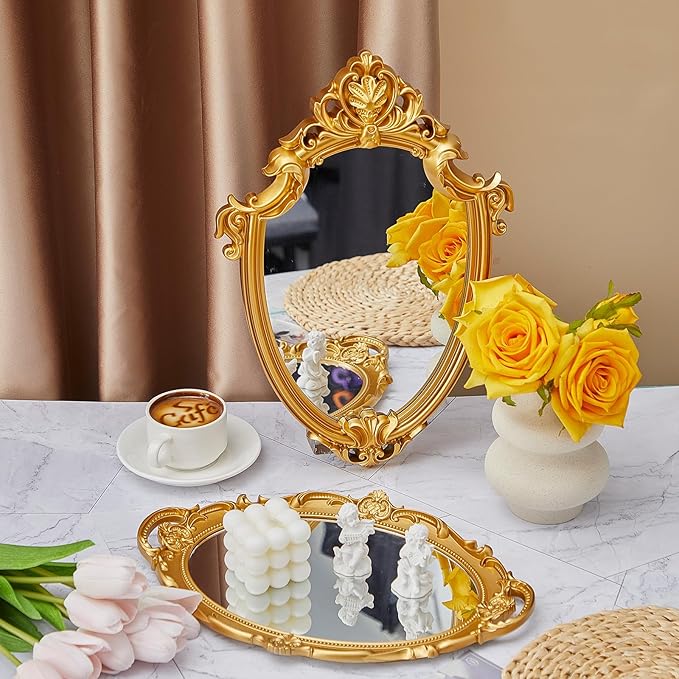 Beeveer 2 Pcs Vintage Gold Mirrors Set Decorative Hanging Wall Decor - Image 4