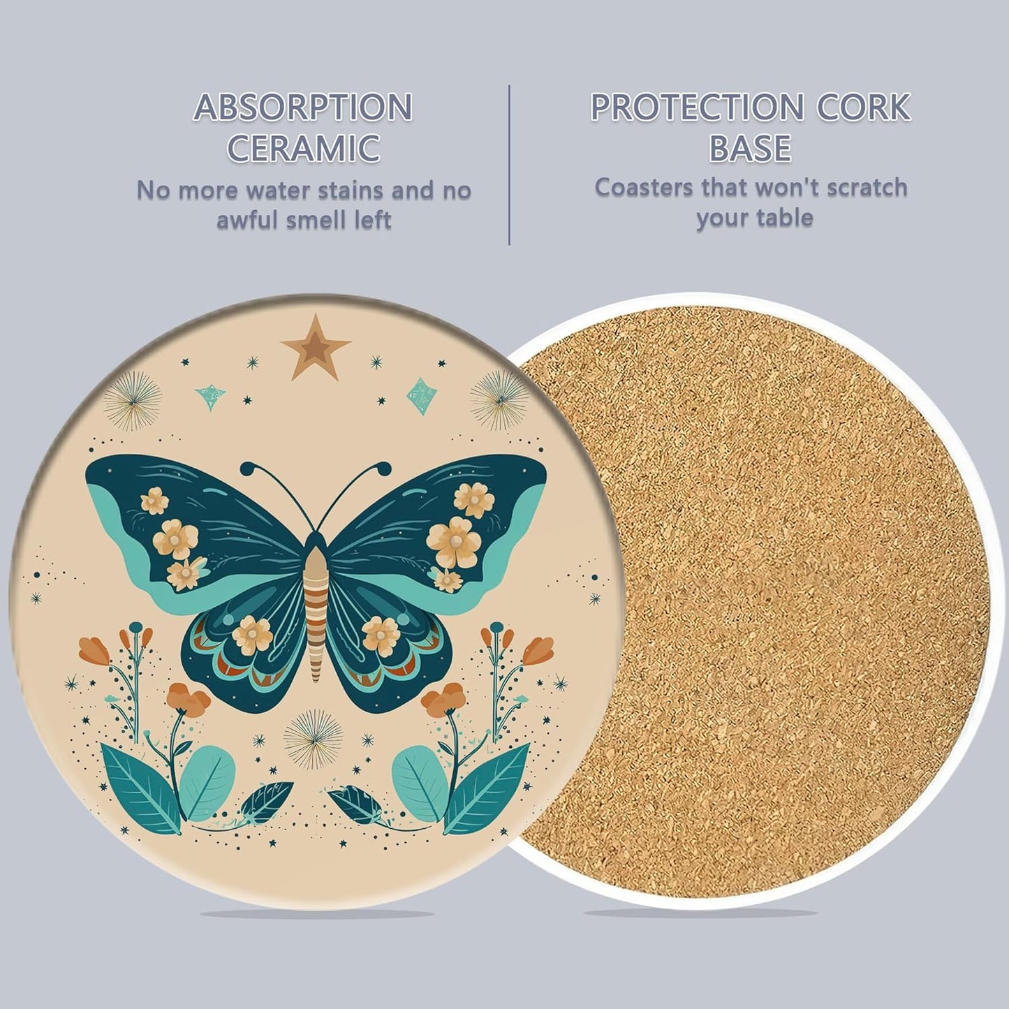 Coaster for Drinks Set of 6, Boho Butterfly Flower Absorbing Round Ceramic Stone Coaster with Cork Base,Tabletop Protection Mat for Mugs and Cups,Coffee Table Wine Glass Home Bar 4 Inch