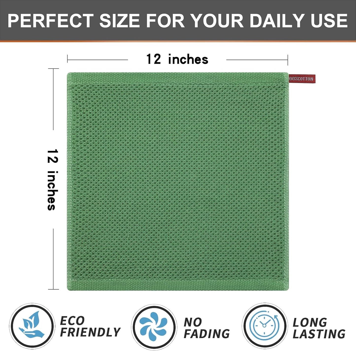 Kitinjoy 100% Cotton Kitchen Dish Cloths, 8 Pack Waffle Weave Ultra Soft Absorbent Dish Towels for Drying Dishes Quick Drying Kitchen Towels Dish Rags, 12 X 12 Inches, Grass Green