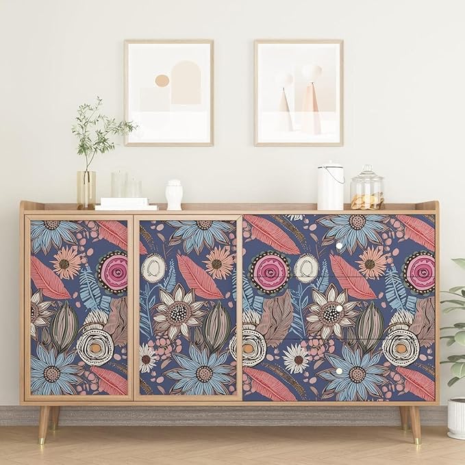 Boho Wallpaper Peel and Stick, Vintage Blue Pink Floral Contact Paper, Retro - Image 3
