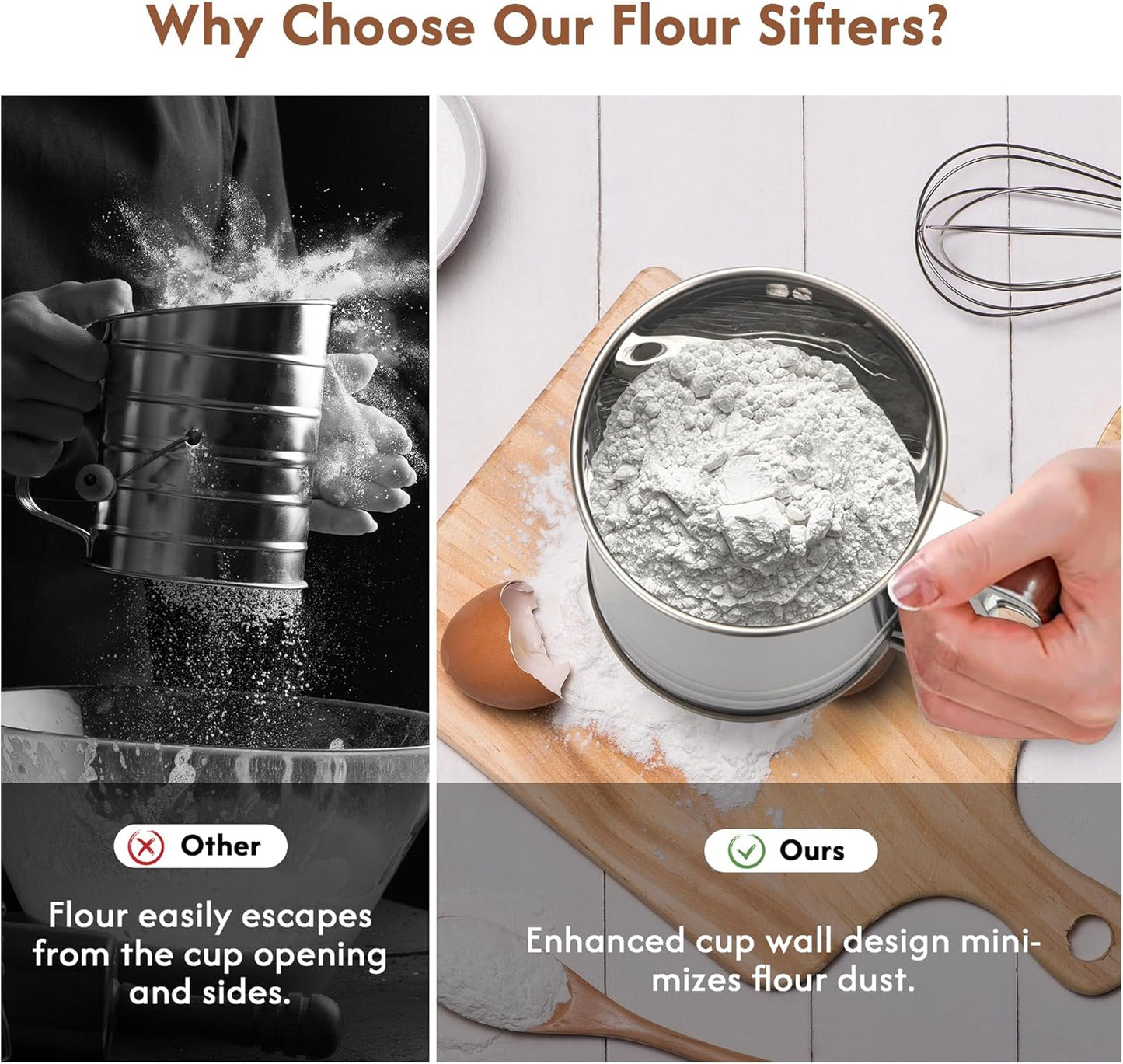 3-Cup Flour Sifter for Baking, Stainless Steel One-Hand Press Sifter with Double-Layer Fine Mesh - Includes Bonus Dough Scraper/Cutter for Bread & Pastry (White)