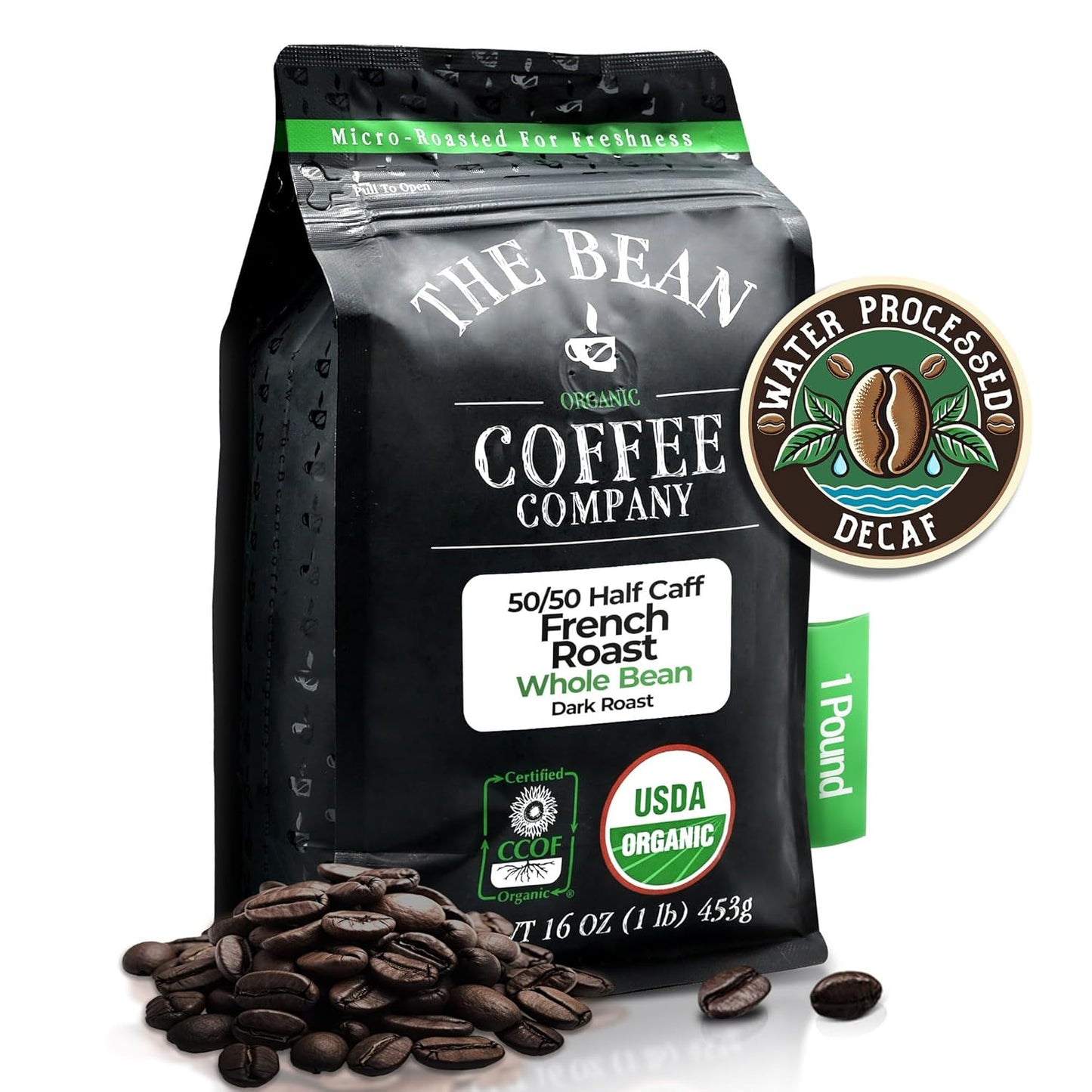 The Bean Organic Coffee Company 50/50 French Roast, 50% Decaf, Dark Roast, Whole Bean Coffee, 16-Ounce Bag, USDA Organic Certified