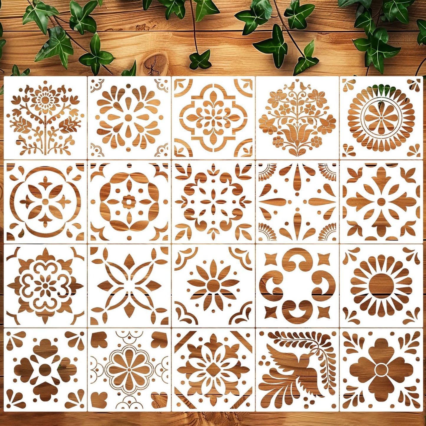 Talavera Stencil Reusable Tile Stencil 8inch Floral Folk Mexican Stencils for Painting on Wall Floor Furniture Wood Home Decor