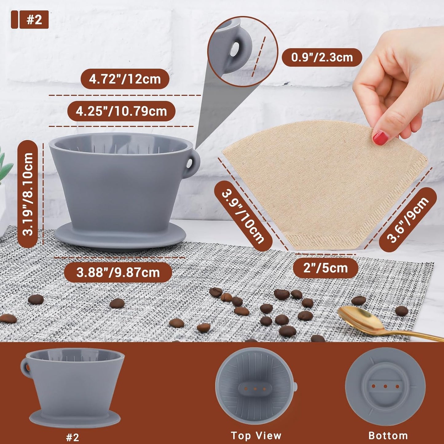 Segarty Pour Over Coffee Dripper, Single Cup Gray Silicone Manual Coffee Maker Set with 200PCS Size #2 Cone Coffee Filter Papers, Drip Coffee Pourover Brewer Filter Holder for Travel Outdoor Camping