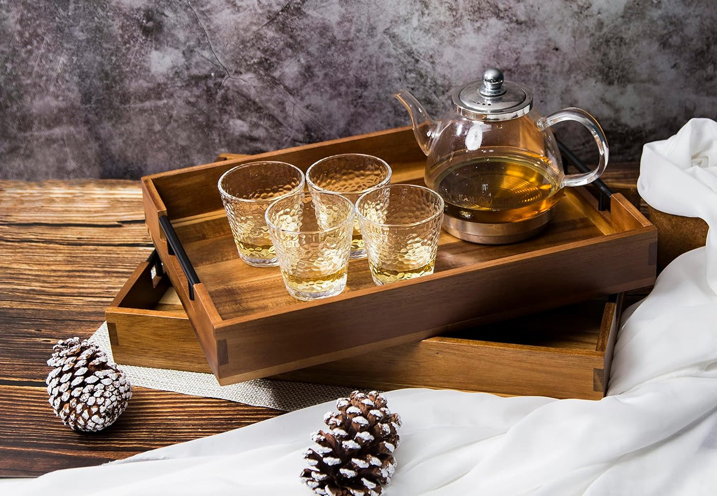 Extra-Large Wooden Tray Set of 2, (20.1'' + 18.1'') Serving Tray with Metal Handles, Rectangle Rustic Serving Trays for Breakfast, Used in Kitchen Counter, Coffee Table, Bedroom, Living Room