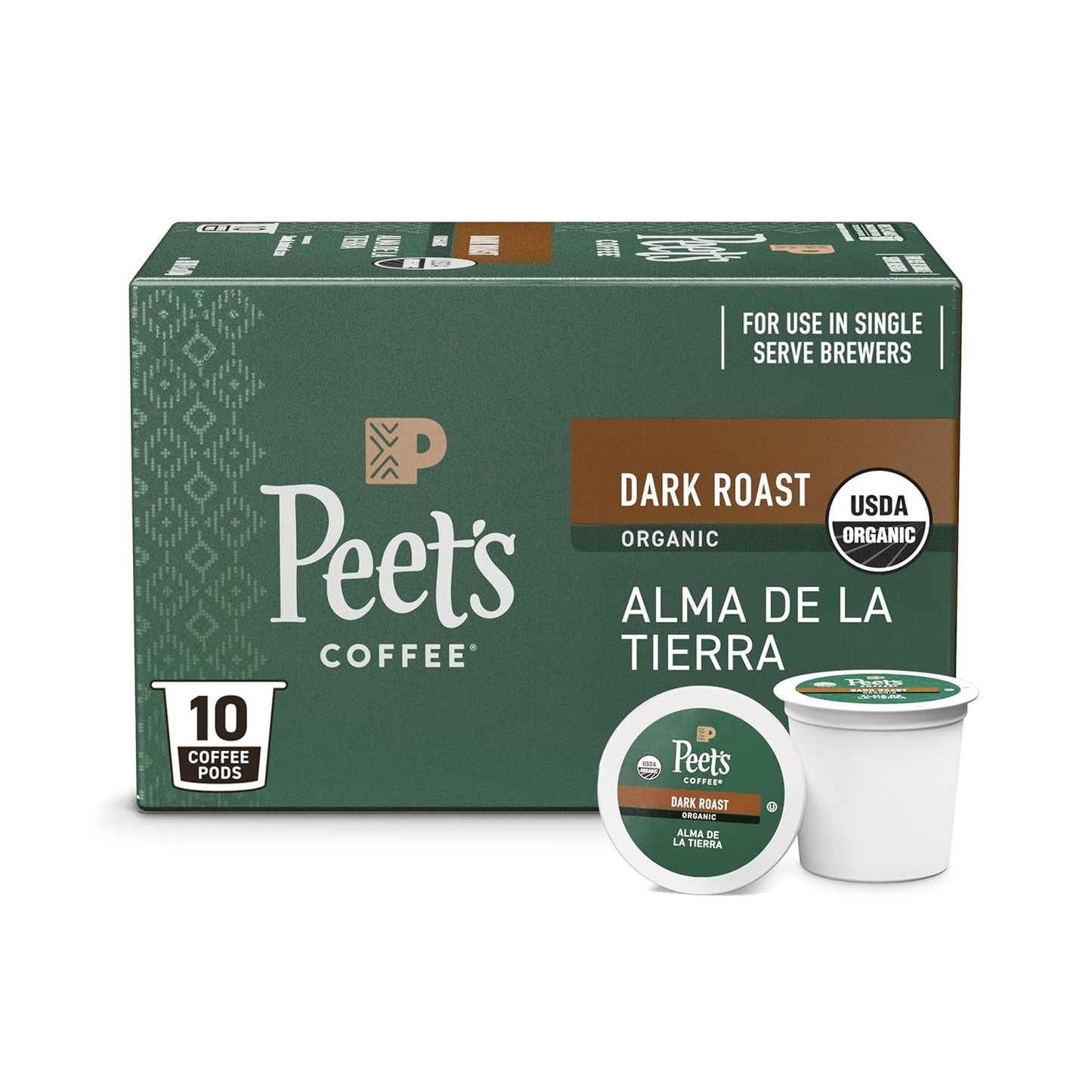 Peet's Coffee, USDA Organic Dark Roast Single Serve Coffee Pods - Alma de la Tierra 10 Count (1 Box of 10 Pods)