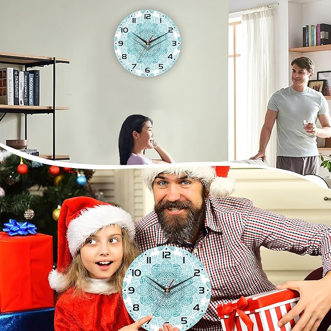 Teal Mandala Flower Wall Clock, Silent Non-Ticking, Battery Operated, Wooden - Image 7