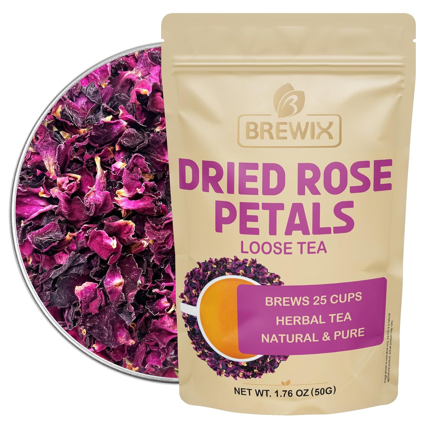 BREWIX, Pure Dried Rose Petals Loose Tea (25+ Cups,1.76oz/50g) Edible Flowers for Cocktails,Garnishing & Drinks, Tea,Baking,Desserts,Bread,Cake,Bath,DIY Skincare Edible Rose Petals in Resealable Bag