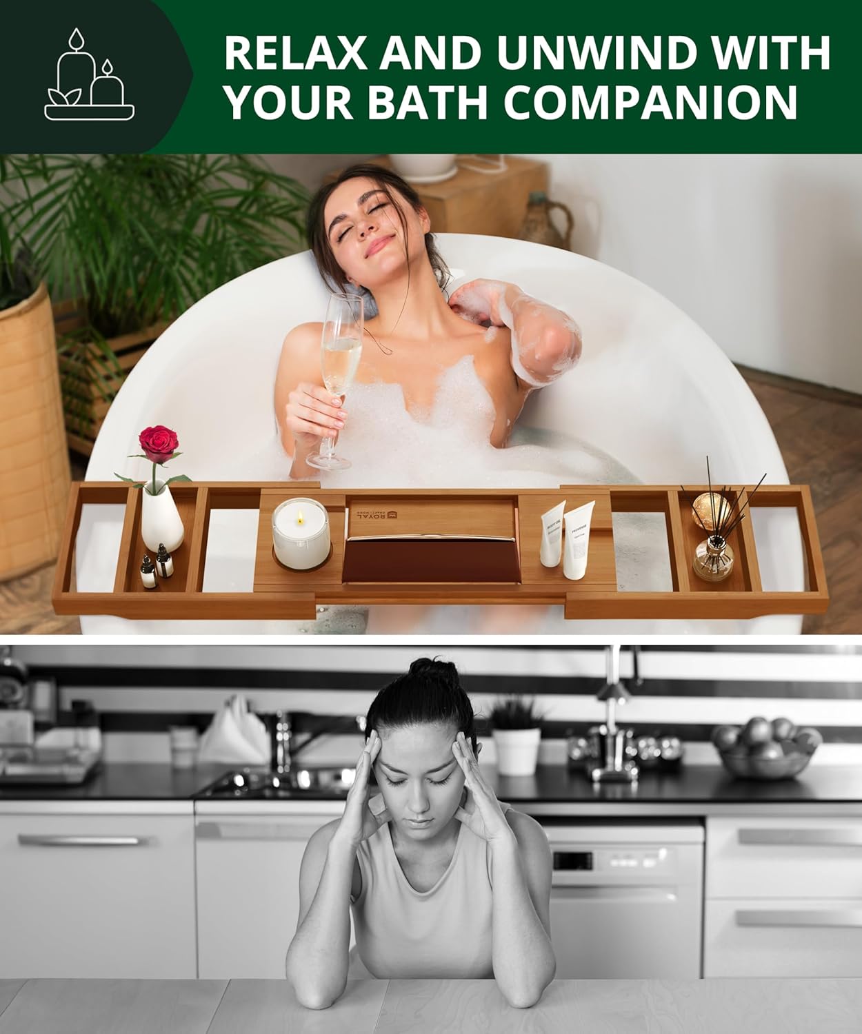 ROYAL CRAFT WOOD Premium Foldable Bathtub Tray - Wood Bath Tray for Tub, Bamboo Shelf, Expandable Bath Table Trays, Bathtub & Bathroom Accessories for New Home Gifts for Mom