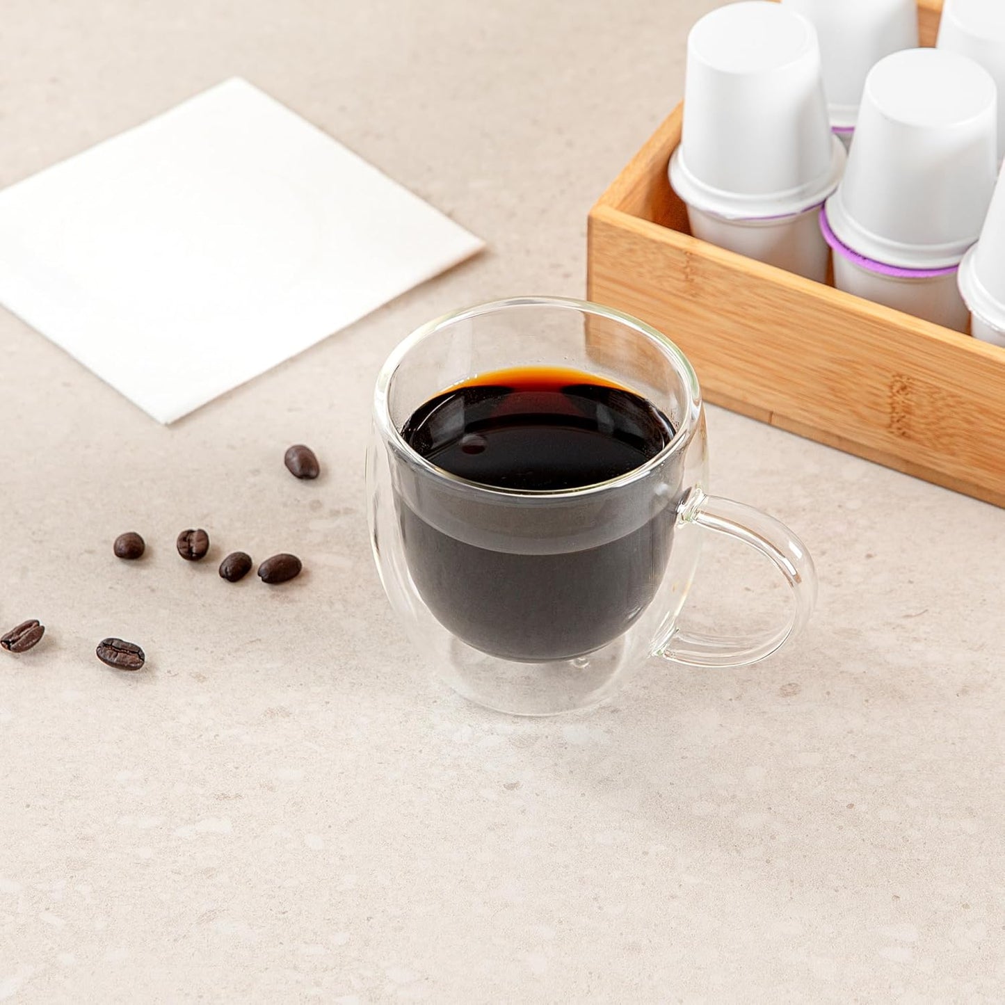 Restaurantware-Forma Professional 8.5 Ounce Glass Coffee Cups, 2 Insulated Coffee Cups With Handle - Dishwashable, Reusable, Clear Double Wall Beverage Tumblers, Freezable, For Hot Or Cold Beverages