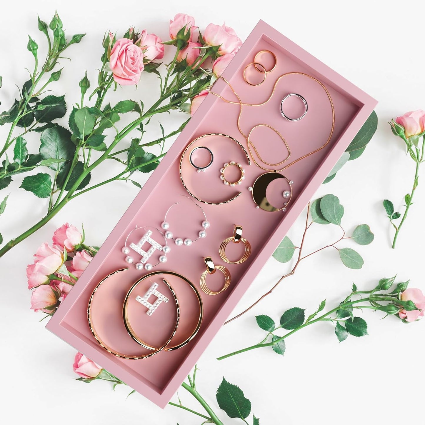Bathroom Perfume Tray for Candle Trinket, Decor Vanity Trays for Countertop Nightstand Toilet Tank Counter Dresser Bedroom, Decorative Wooden Rectangle Holder for Skincare Cosmetic Accessory, Pink