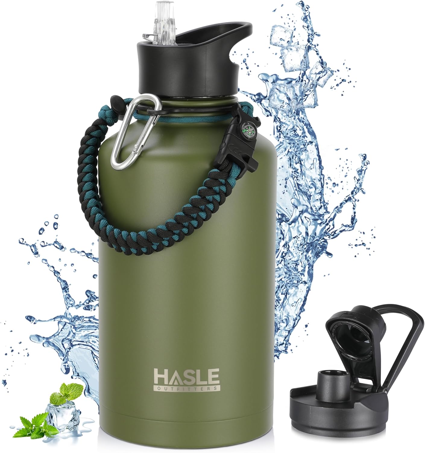 HASLE OUTFITTERS Half Gallon Insulated Water Bottles 64 oz, Stainless Steel Metal Water Jug with 2 Lids Keep Cold 48h/Hot 24h, Leak Proof & BPA-Free Water Flask Jug(Army Green,1)