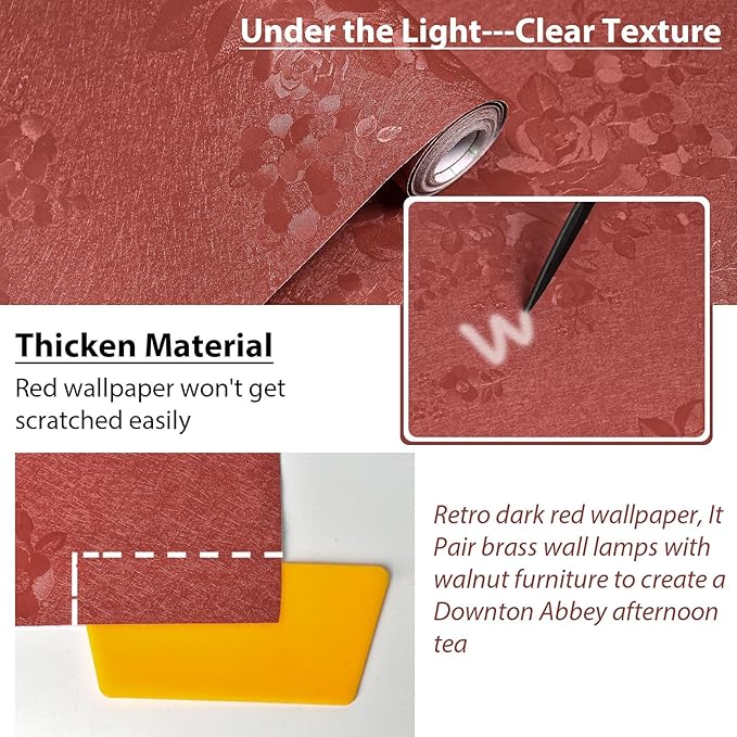 Dark Red Peel and Stick Wallpaper Textured Embossed Floral Contact Paper Peel - Image 2