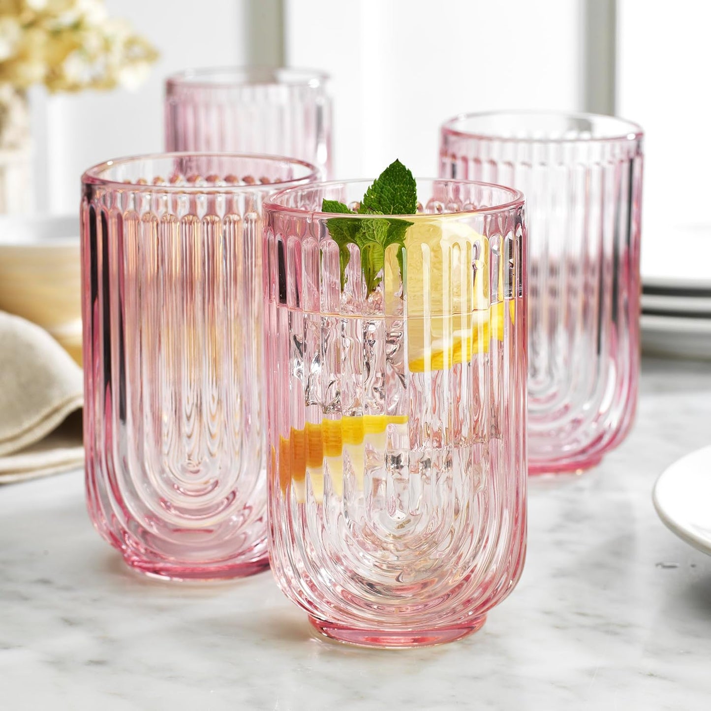 Glaver's Vintage Glassware Art Deco Highball Glasses Set of 4 Blush Ribbed Drinking Glasses 17 Oz U-Shape Arch Design Colored Cocktail Kitchen Tumblers Everyday Dinner Decorative Party, Pink