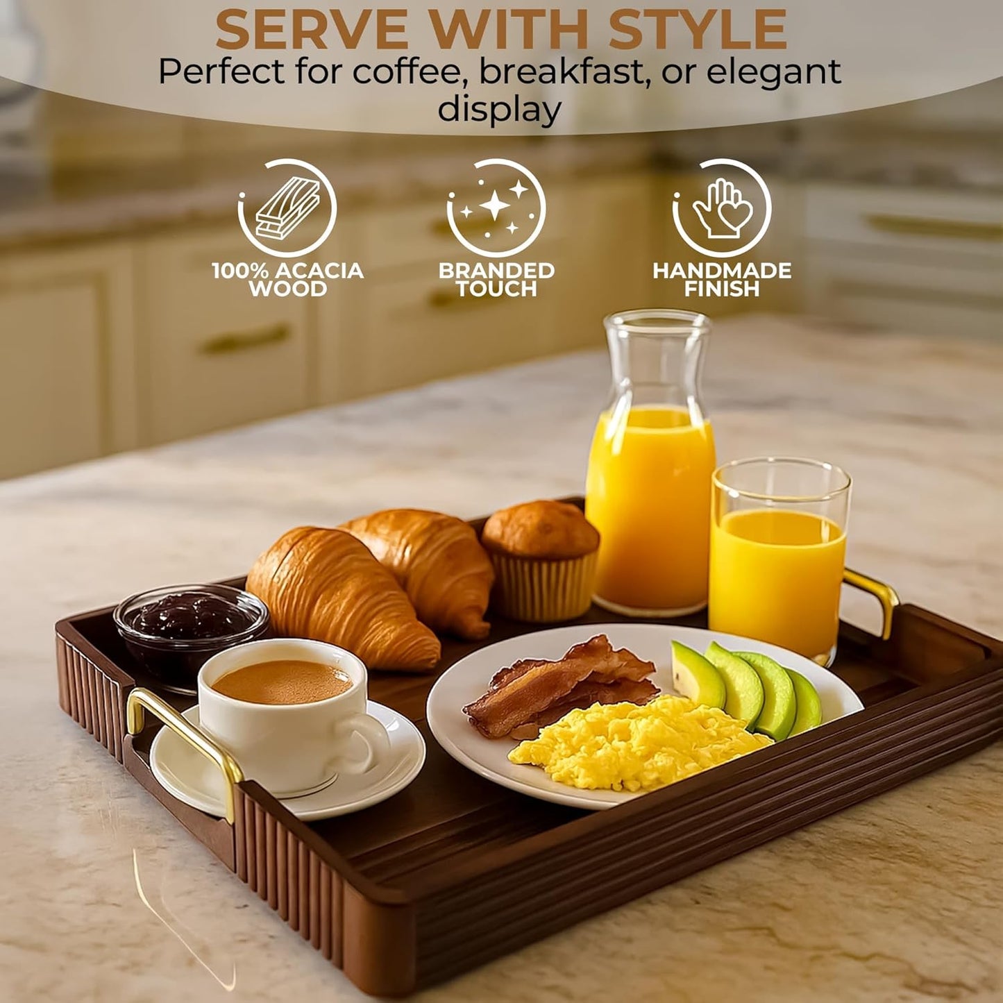 Acacia Wood Serving Tray with Metal Handles – 17x12in Rustic Decorative Ottoman & Coffee Table Tray for Breakfast in Bed, Dinner, Bar, Kitchen, Home Décor & Entertaining