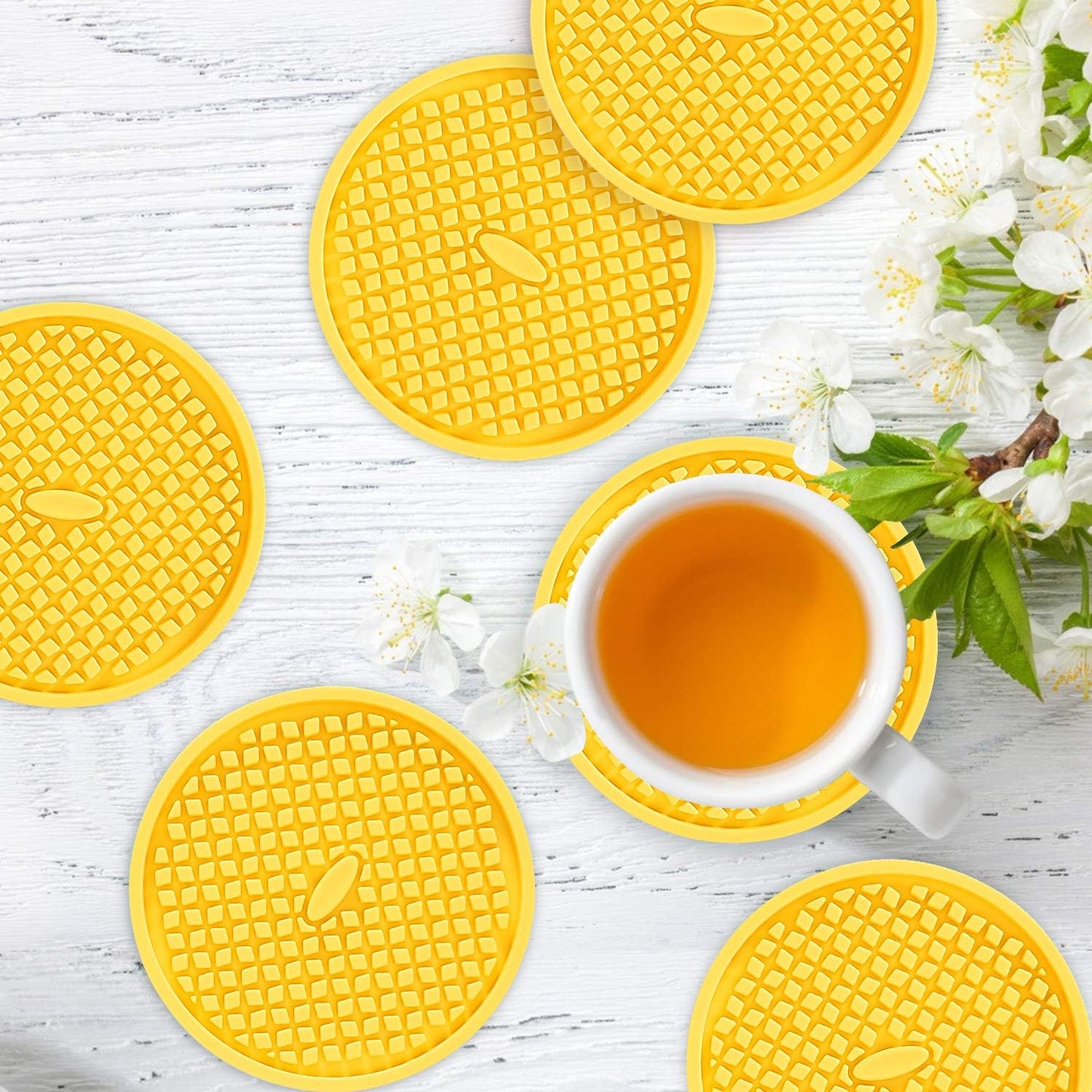 ME.FAN Silicone Coasters [6 Pack] Thickened Drink Coasters with Holder - Cup Mat - Non-Slip, Non-stick, Stay Put, Deep Tray - Prevents Furniture and Tabletop Damages(Yellow)