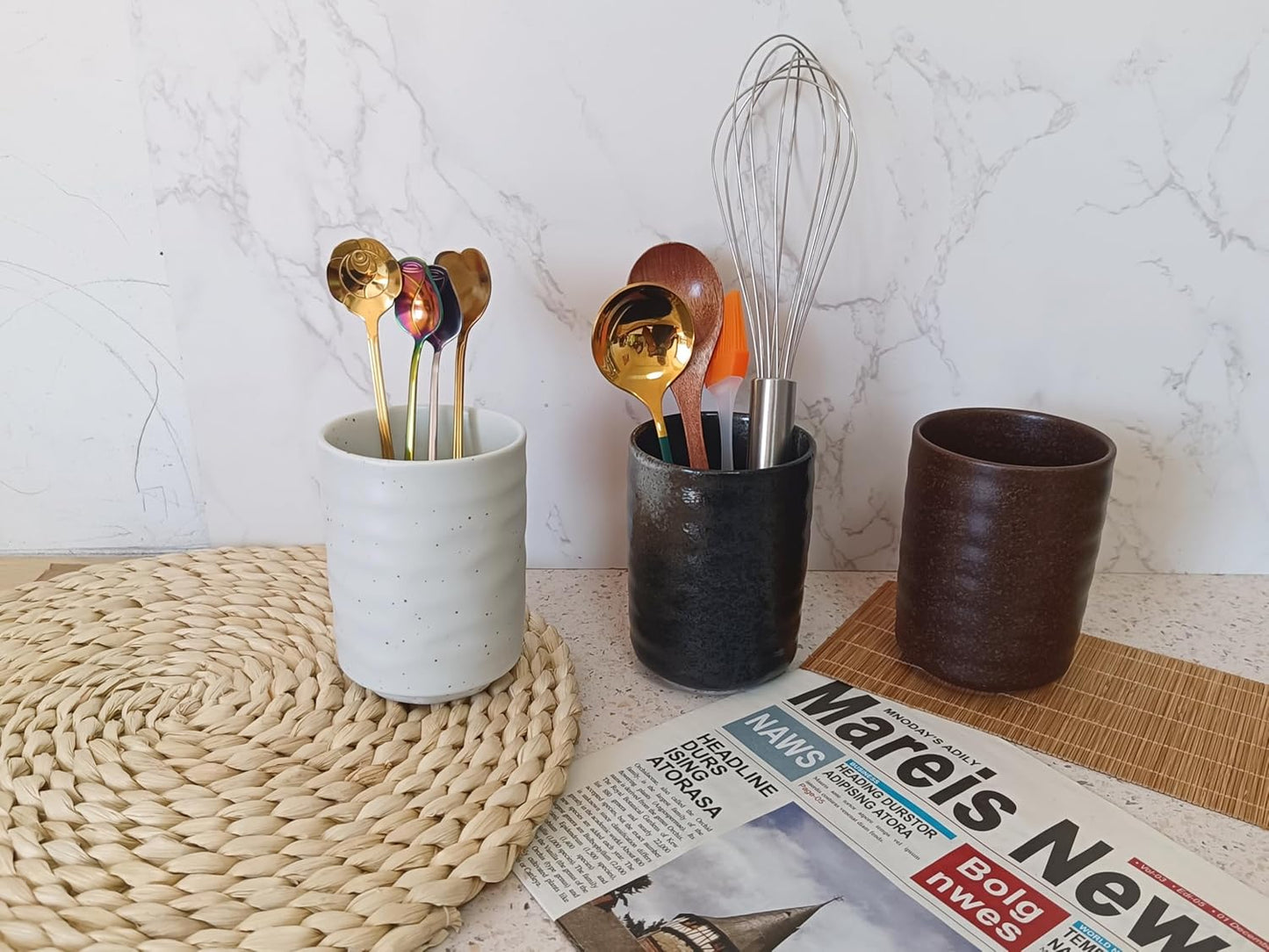 Stoneware Coffee Bar Utensil Holder Tea & Coffee Spoon & Stirrer Holder for Stir Stick Straw Teaspoon Holder Spoon Cup Small Utensil Jar (Retro Black)