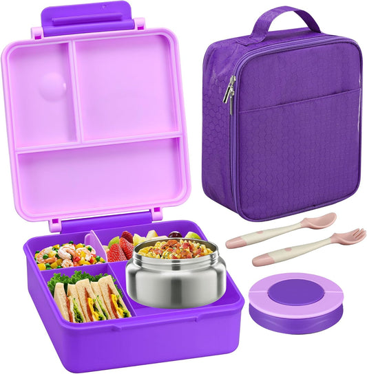 Bento Lunch Box for Kids with 8oz Soup Thermo&Lunch Bag, Leak-Proof Lunch Food Containers with 4 Compartment, Hot Food Insulated Food Jar for Kids School (Purple)