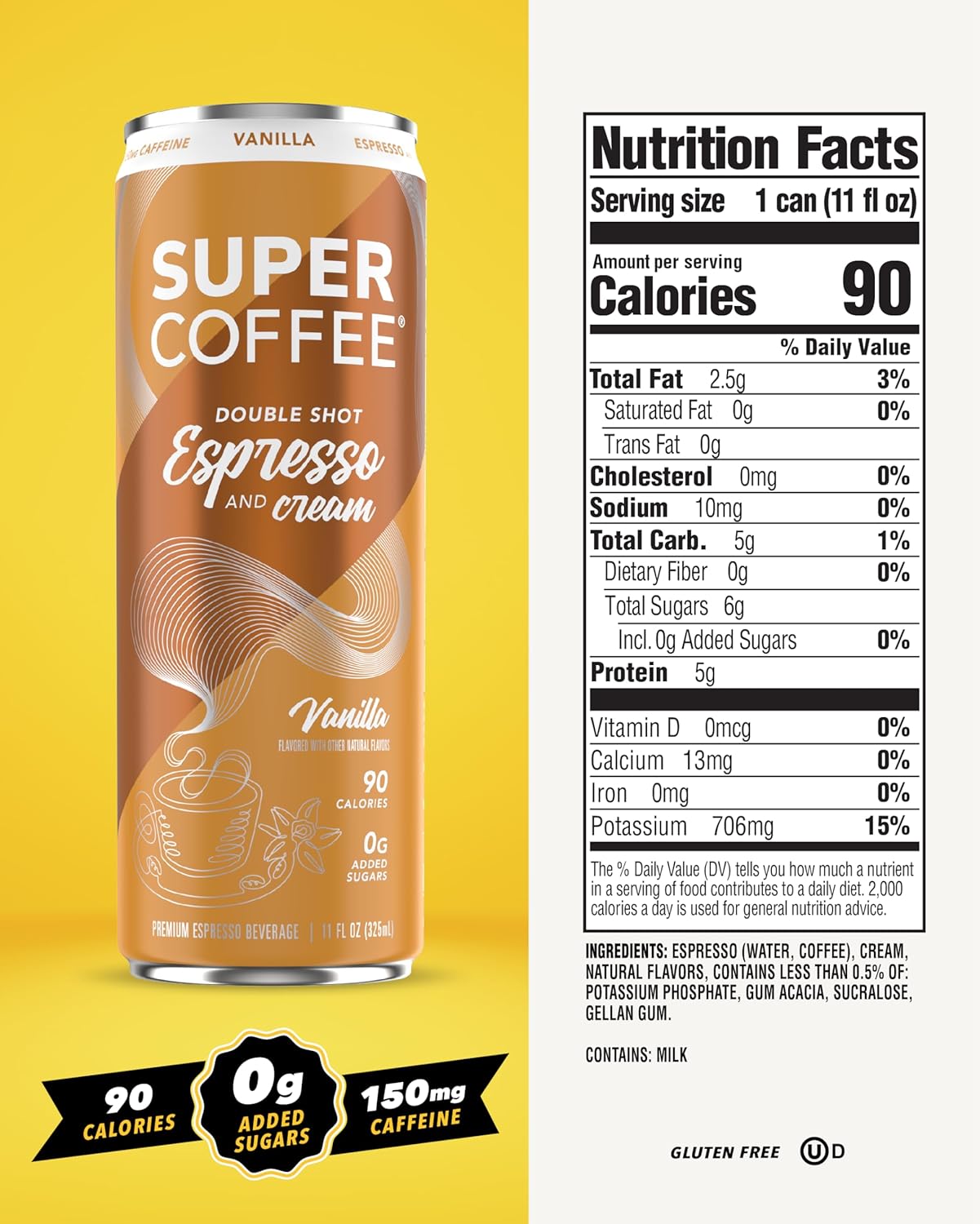 SUPER COFFEE Espresso, Iced Keto Coffee (0g Added Sugar, 90 Calories) [Vanilla] 11 Fl Oz, 12 Pack | Smart Coffee Drink - SoyFree GlutenFree
