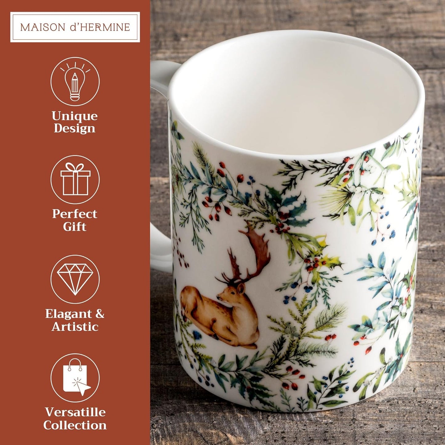 Maison d' Hermine Coffee Mug with Handles Fine Bone China Mugs Pack of One Tea Cups for Hot Beverages Cappuccino Latte Home Restaurant Office Perfect for Gift (Holly Time - Cerf, 15 Ounce)