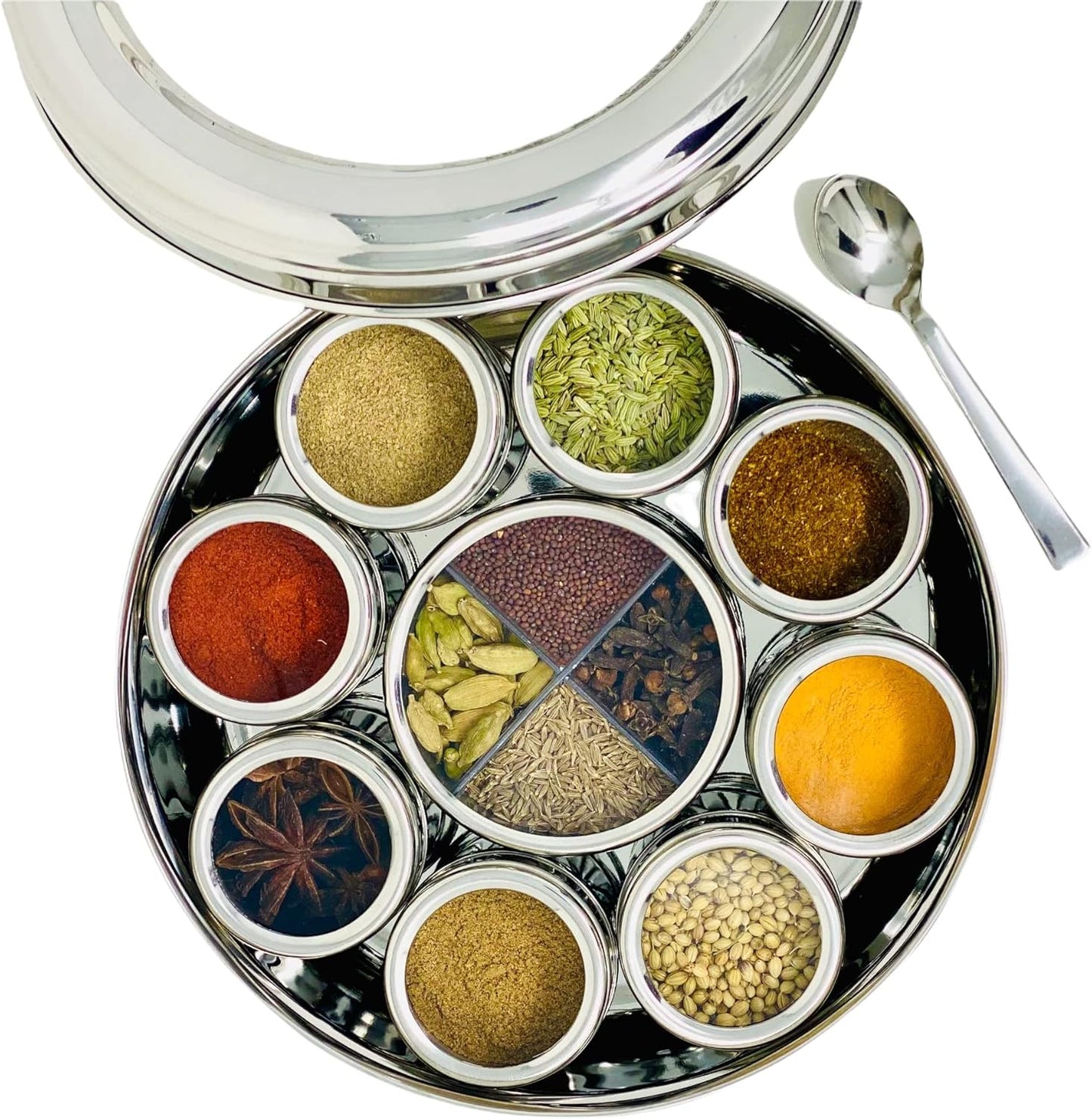 spice dabba Stainless Steel Indian Spice Box,Steel Masala Dabba 12 Spices,Lid Spice Box,Authentic Spices,Masala Box with Individual containers|Size 9 x 9 x 3 IN 3 LB (Indian Spice Box with Spices)