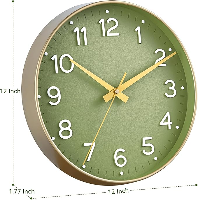 Roymnie Wall Clock 12 Inch Silent Green Wall Clocks Battery Operated- Modern - Image 8