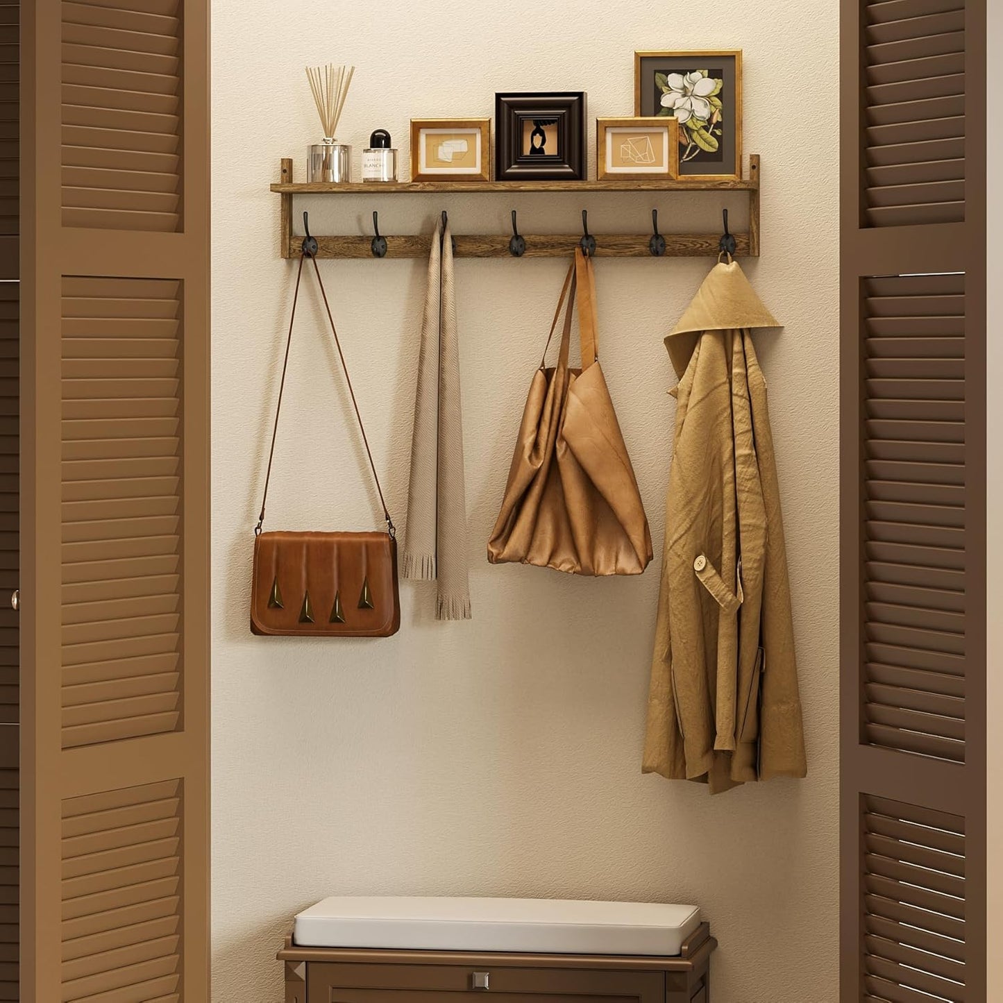 BAMEOS Coat Rack Wall Mount, Large Wooden Coat Hooks with Shelf, 35" L, 7 Dual Metal Hooks for Entryway, Bathroom, Kitchen, Living Room, Bedroom