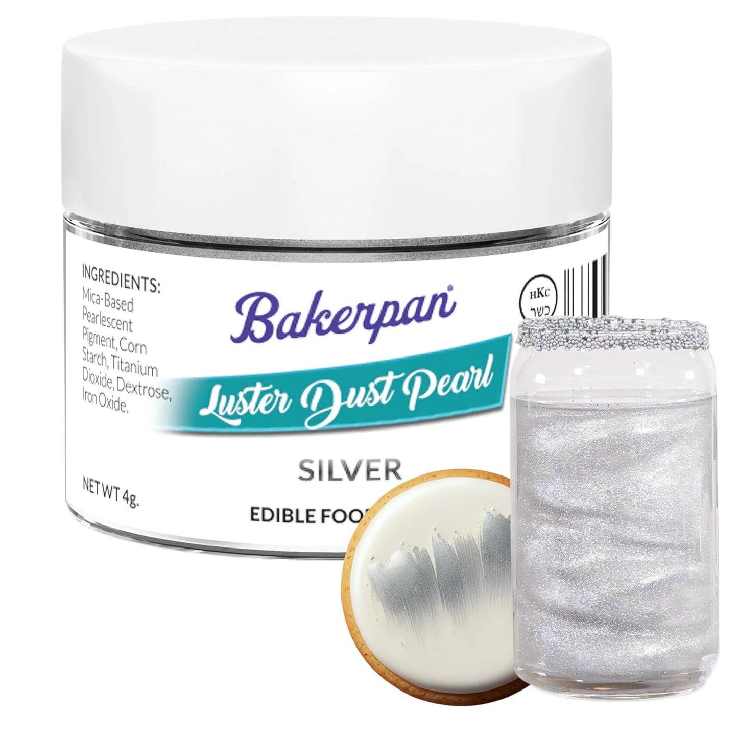 Bakerpan Pearl Luster Dust Edible, Silver Edible Glitter for Cocktails, 4 Grams Edible Glitter for Cake Decorating, Cookies, Chocolates and Candies, Drinks (Made in USA)
