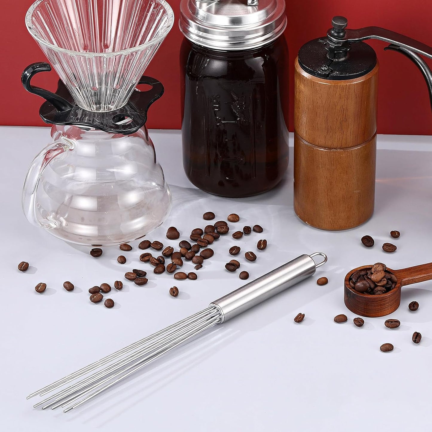 Baderke 1 Pcs Espresso Whisk 11.5 Inch Long Handle Barista Whisk 10 Needles 2 mm Stainless Steel Coffee Stirrer Tool Efficient Mixing Time Saving Reduction Clumping Ideal for Commercial Home