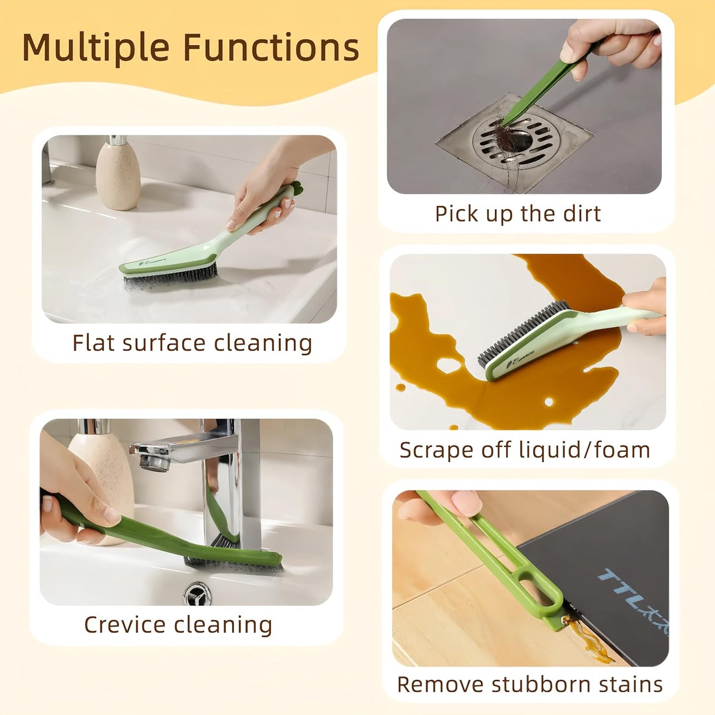 3 in 1 Detachable Household Cleaning Brush, Multifunctional Scrub Brush with Hard Bristle and Handle, Ideal Crevice Grout Scrubber Cleaner for Kitchen, Bathroom, Window, Shoes (Orange)