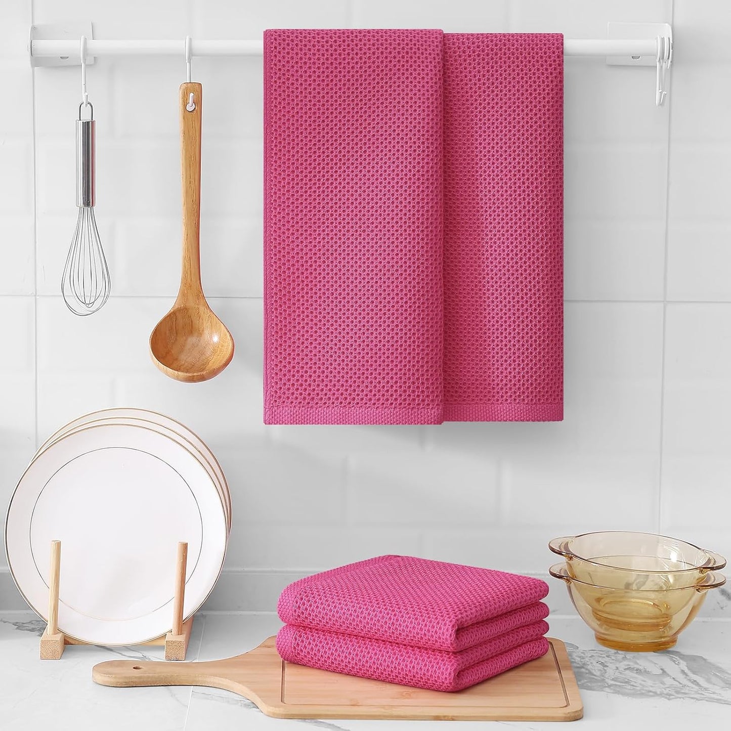 Kitinjoy 100% Cotton Waffle Weave Kitchen Towels, 8-Pack Super Soft and Absorbent Dish Towels for Drying Dishes, Kitchen Hand Towels, 13 in x 28 in, Hot Pink