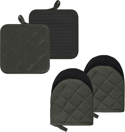 Oven Mitts and Pot Holders Set, Pack of 4, Heat Resistant Silicone Kitchen Mini Oven Mittens for 500 Degrees, Mini Oven Gloves and Hot Pads for Baking Grilling Barbecue Microwave Machine Washable