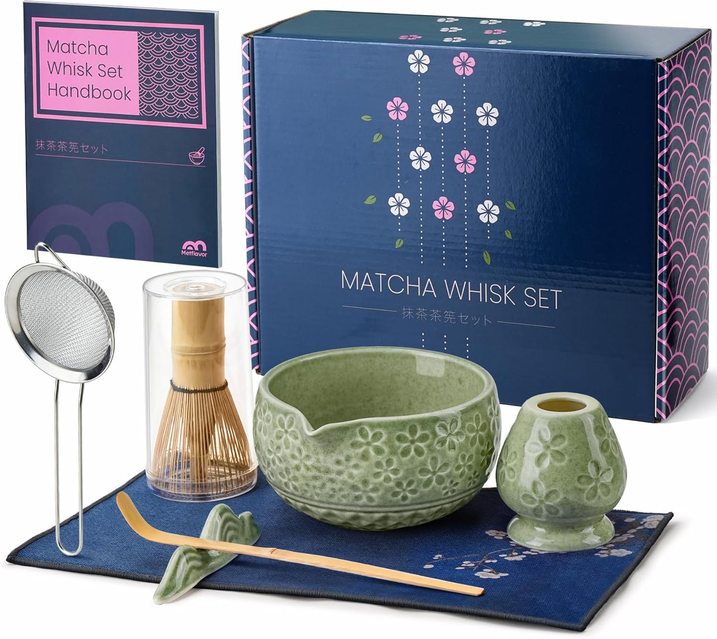 7Pcs Matcha Whisk Set, Ceramic Matcha Bowl with Spout,Bamboo Whisk and Holder, Bamboo Scoop,Scoop Rest,Sifter and Tea Towel,Matcha Kit w/Cherry Blossom Carved Pattern (Mottled Green)