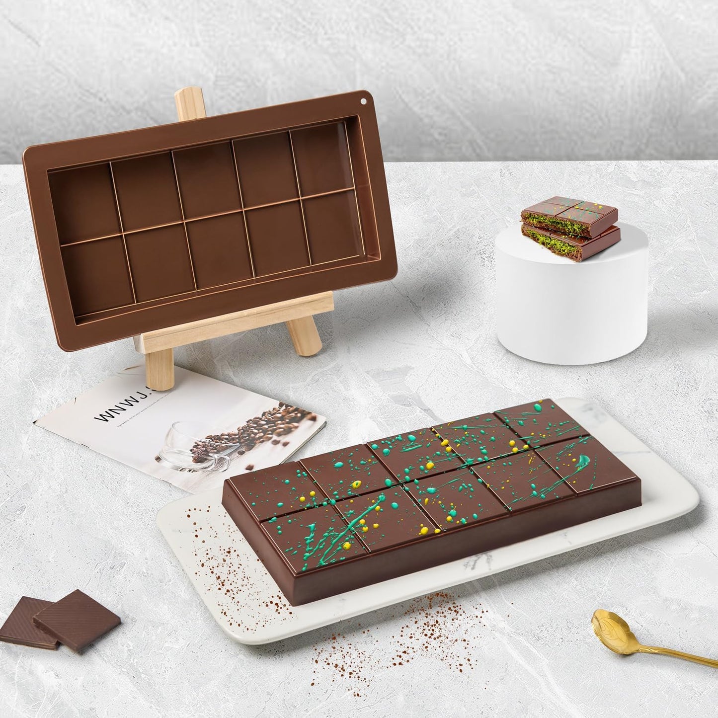 Dubai Chocolate Mold 2 Pack,0.79 Inch Deep Large and Thick Silicone Chocolate Bar Molds for Stuffed Bar,Big Chocolate Candy Bar Mold for Filling Knafeh Pistachio Kit