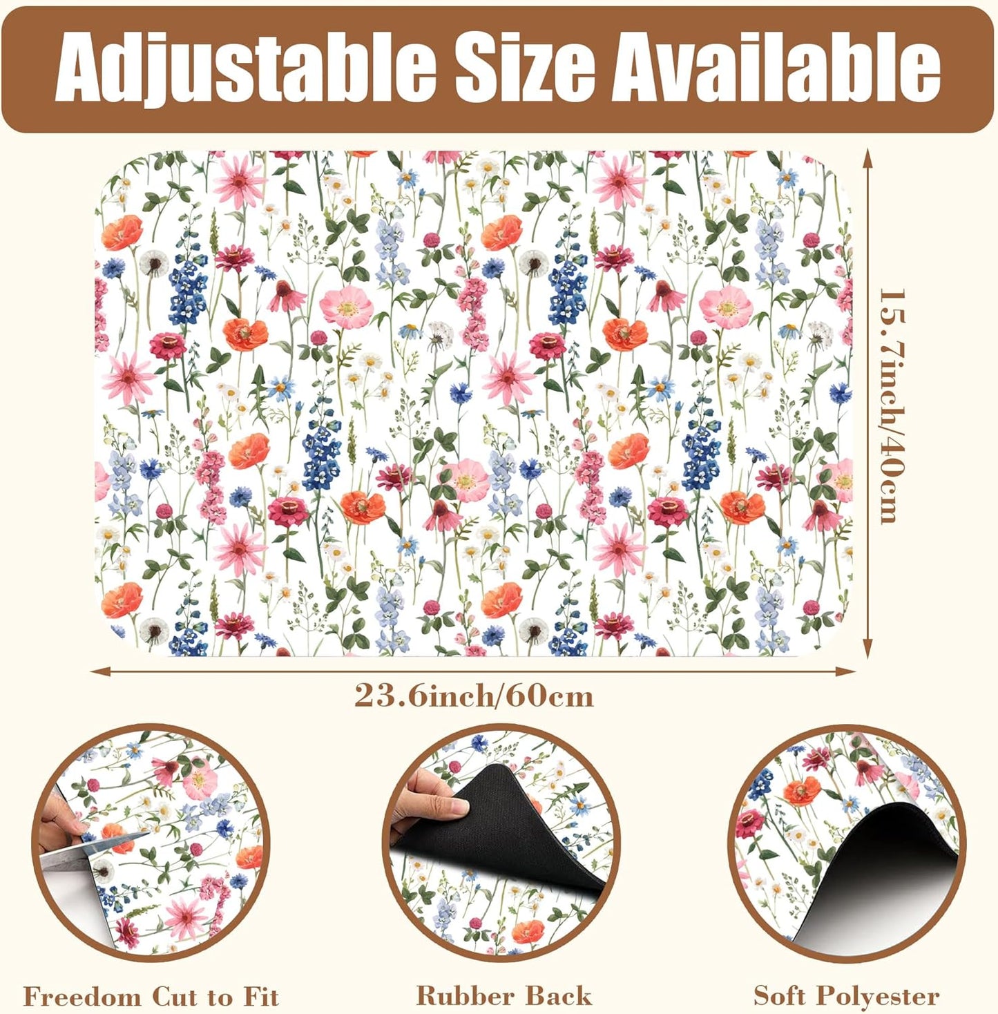 Watercolor Flowers Coffee Mat Absorbent Dish Drying Mat for Kitchen Counter Hide Stain Rubber Backed Coffee Bar Accessories Fit Under Espresso Machine Dish Rack 15.7 x 23.6 Inch