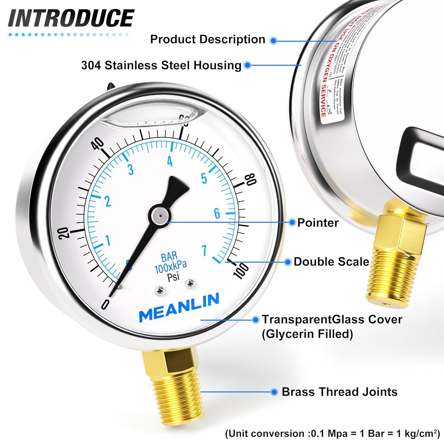 MEANLIN MEASURE 0~100Psi Stainless Steel 1/4" NPT 2.5" FACE DIAL Liquid Filled Pressure Gauge WOG Water Oil Air Lower Mount, with 1/2" NPT and 3/8" NPT Hex Bushing