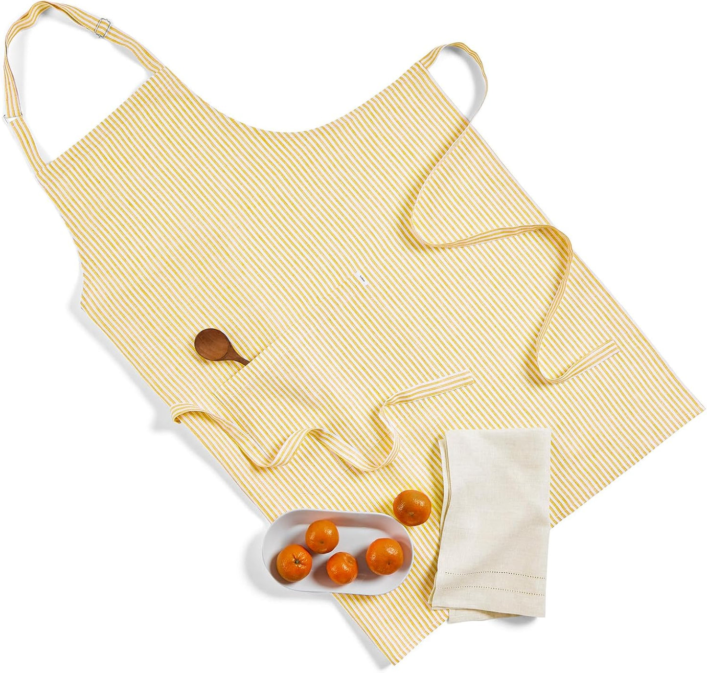 Solino Home 100% Pure Linen Apron for Women & Men - Spicy Mustard and White Stripe Full Midi Bib Apron, Adjustable Neck Strap with Center Pockets for Kitchen, Chef - Handcrafted from European Flax
