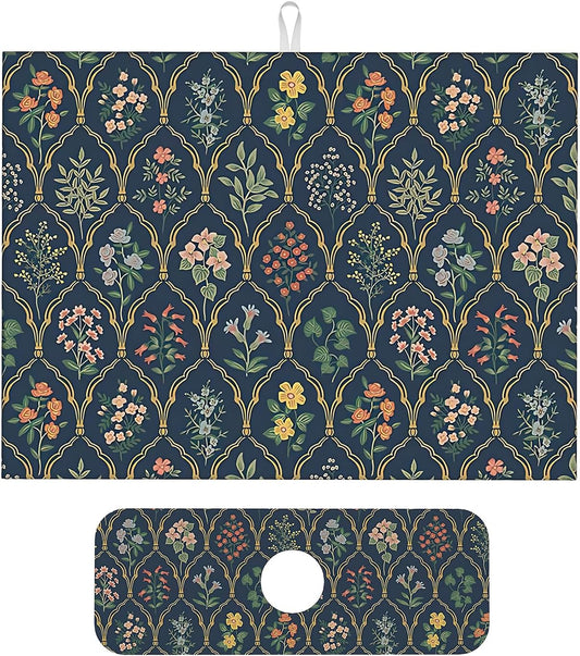 2Pcs Dish Drying Mats Faucet Mats Sets Large Size Coffee Mats Sink Faucet Mat Splash Guard for Kitchen Counter Bathroom Sink Coffee Bar Kitchen Decor (Vintage Flowers, 18"x24" 15" x 5.5"Set)