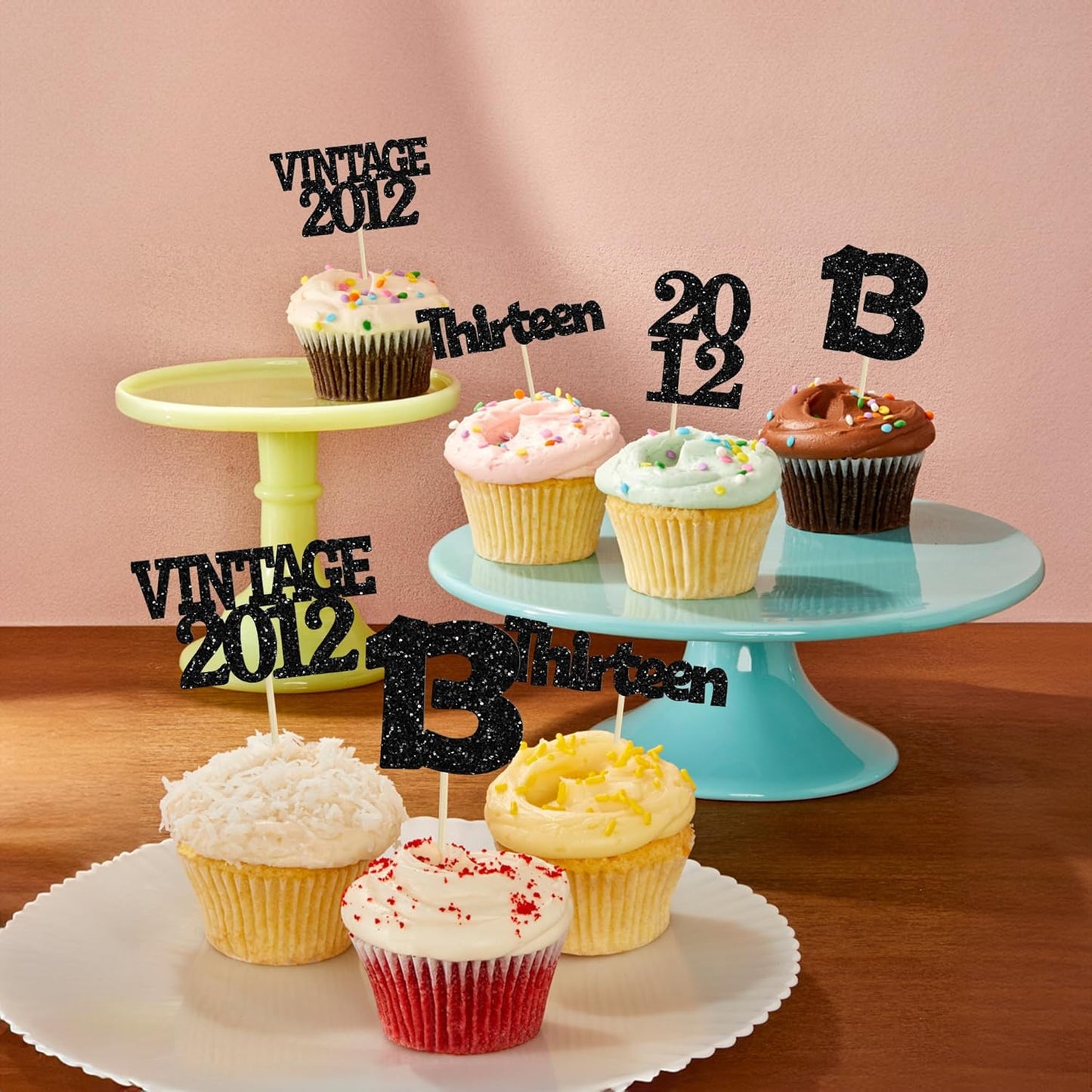 Gyufise 24Pcs 13th Birthday Cupcake Toppers Glitter Thirteen Vintage 2012 Official Teenager 13 Cupcake Picks 13 Years Birthday Cake Decorations for Happy 13th Anniversary Party Supplies Black