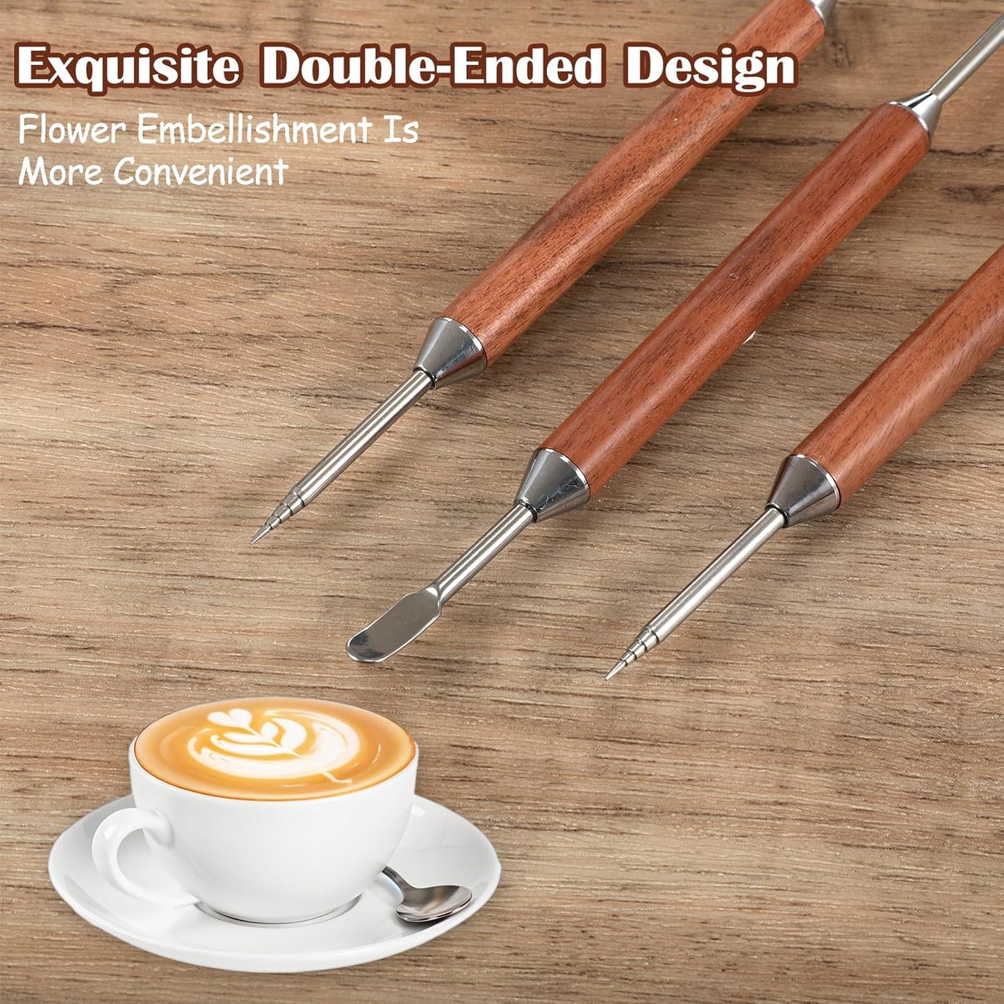 3 Pack Latte Art Pen, Coffee Drawing Tool with Wood Handle, Stainless Steel Double-Ended Barista Accessories for Espresso Designs, Home and Cafe Use