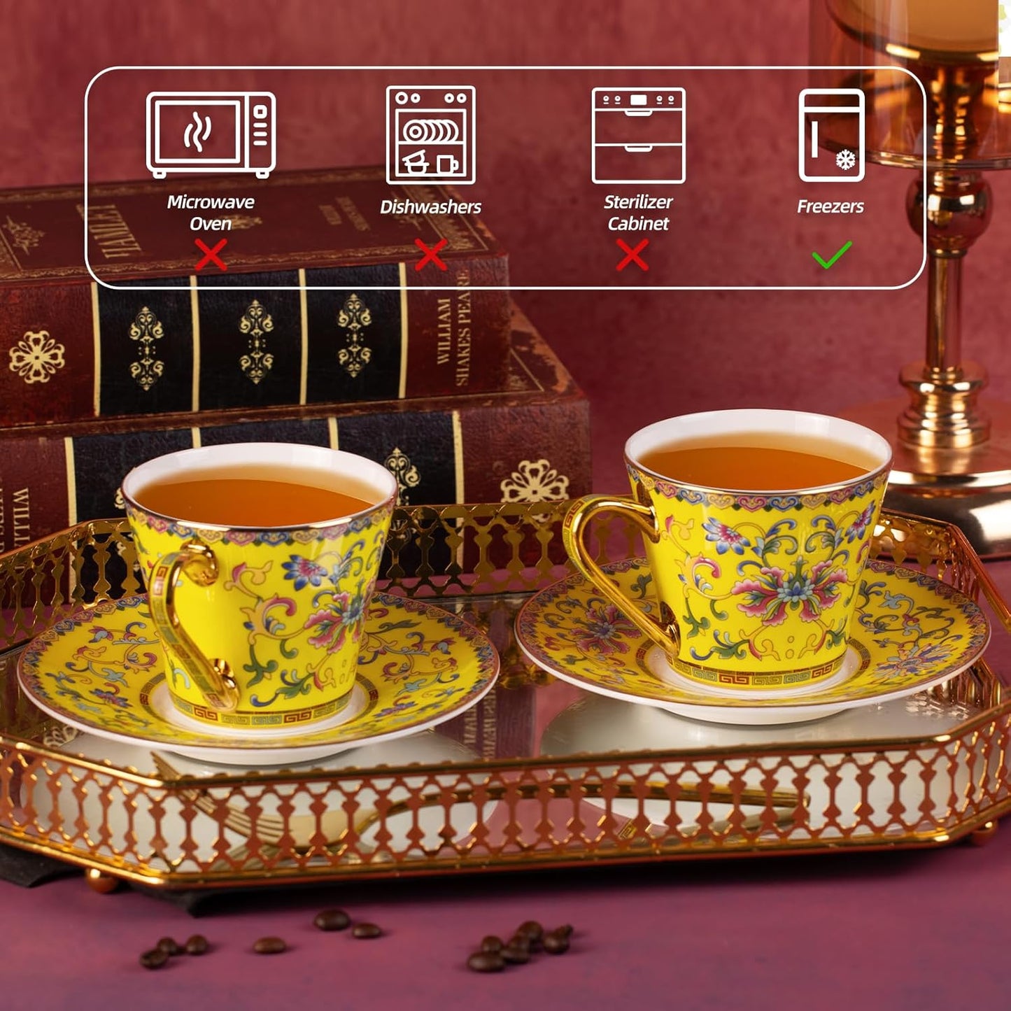 KAMMAK Tea Cups and Saucers Set of 2, Porcelain Coffee Cups with Saucer for Espresso, Cappuccino, 9oz Vintage Noble Yellow Ceramic Demitasse Mug for Home, Tea Party, Office