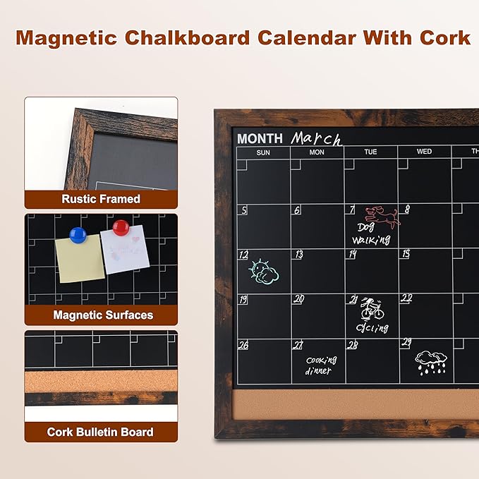 Chalkboard Calendar for Wall, Small Rustic Framed Magnetic Chalkboard & Cork - Image 3