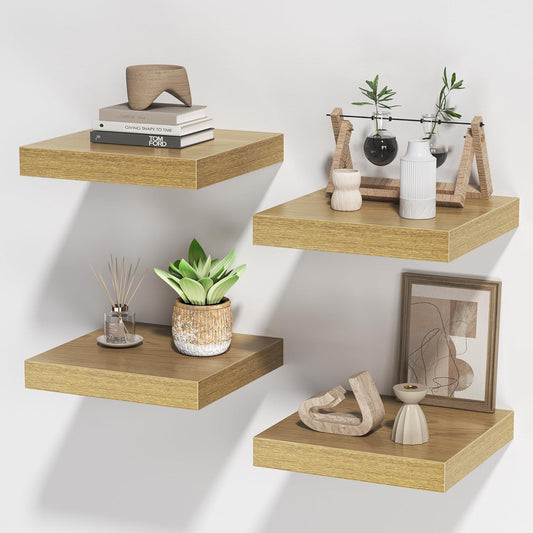 Square Floating Shelves for Wall, 10" W x 10" D x 1.2" H, Small Wooden Wall Mounted Display Shelves with Invisible Brackets for Living Room, Bedroom, Bathroom, Kitchen Decor, Set of 4, Oak
